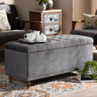 Baxton Studio BBT3137-Grey Velvet/Walnut-Otto Kaylee Modern and Contemporary Grey Velvet Fabric Upholstered Button-Tufted Storage Ottoman Bench